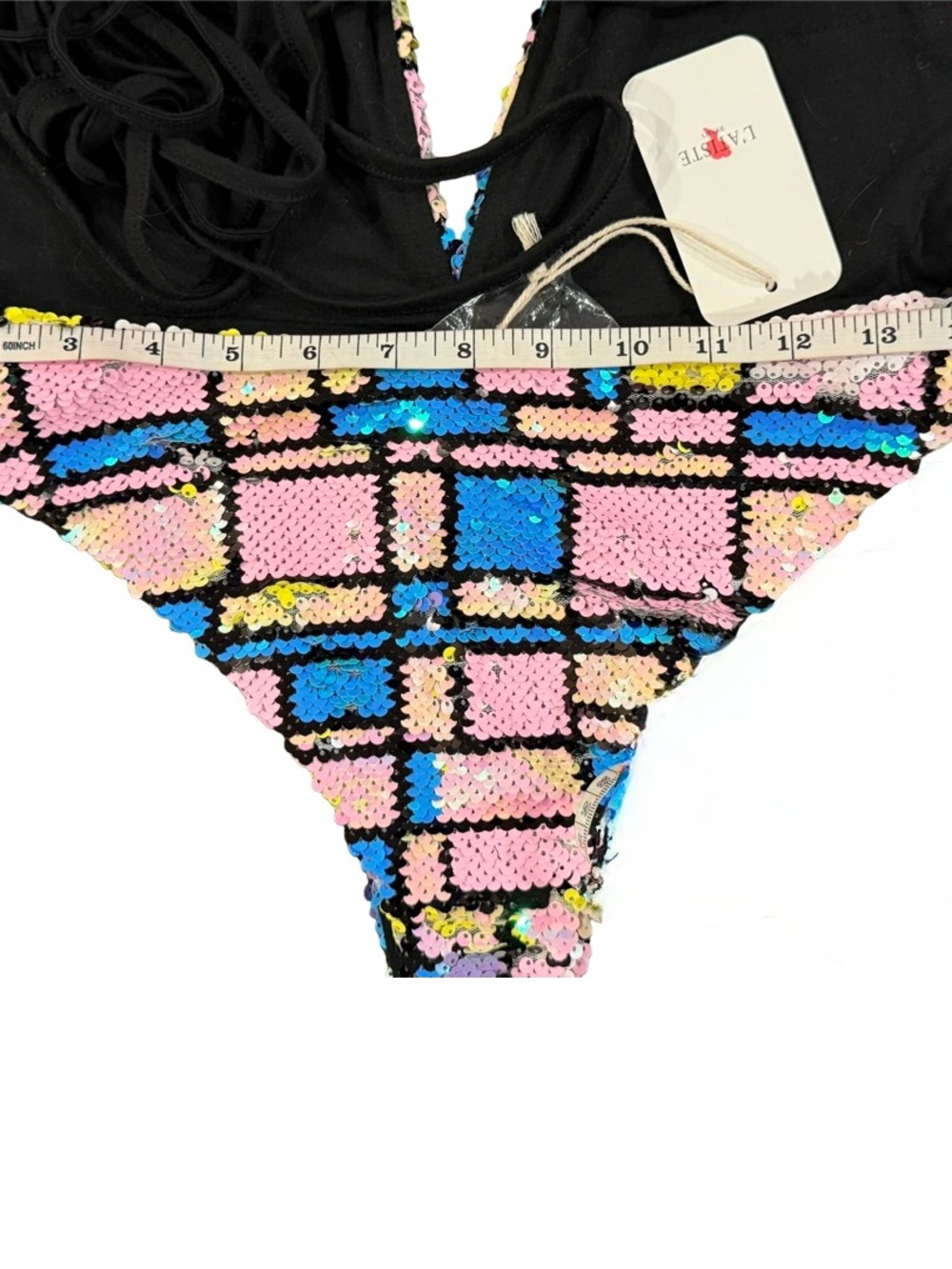 L'ATISTE Sequin Pastel Plaid One-Piece Swimsuit in Pink, Blue, Yellow, Green - Picture 12 of 17